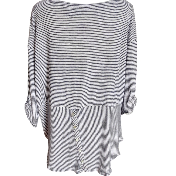 Adrienne Vittadini Women's 2X Linen 3/4 Sleeve Navy Blue and White Striped Top - Picture 2 of 8